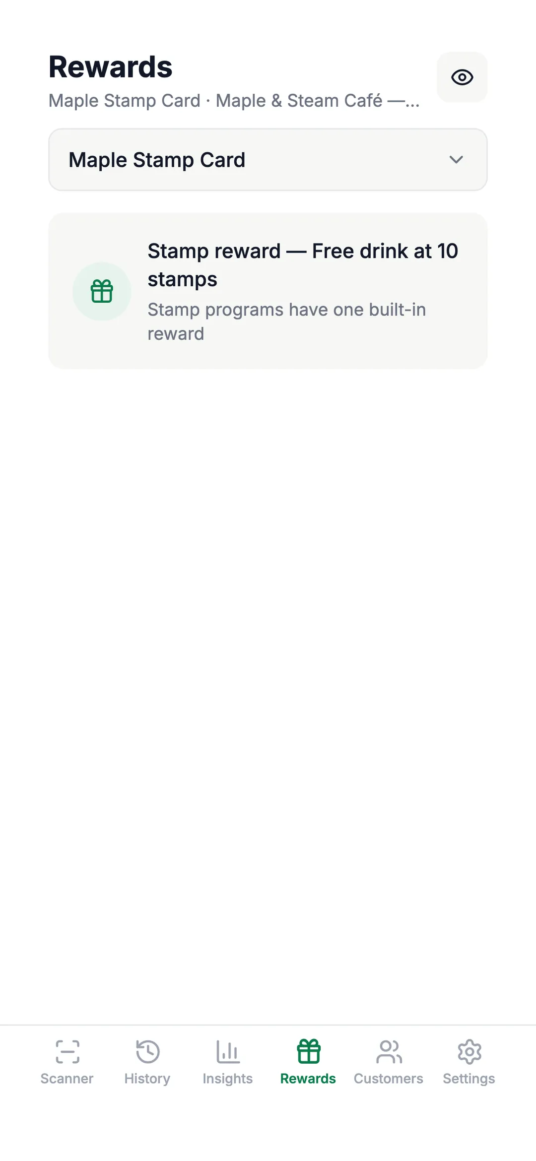 The rewards catalog in the LoyalTea Merchant app