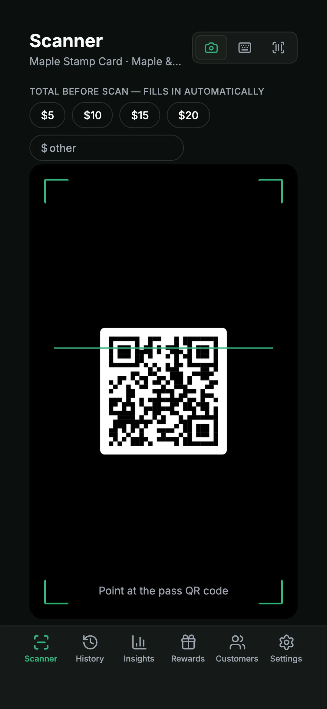 The scanner screen of the LoyalTea Merchant app