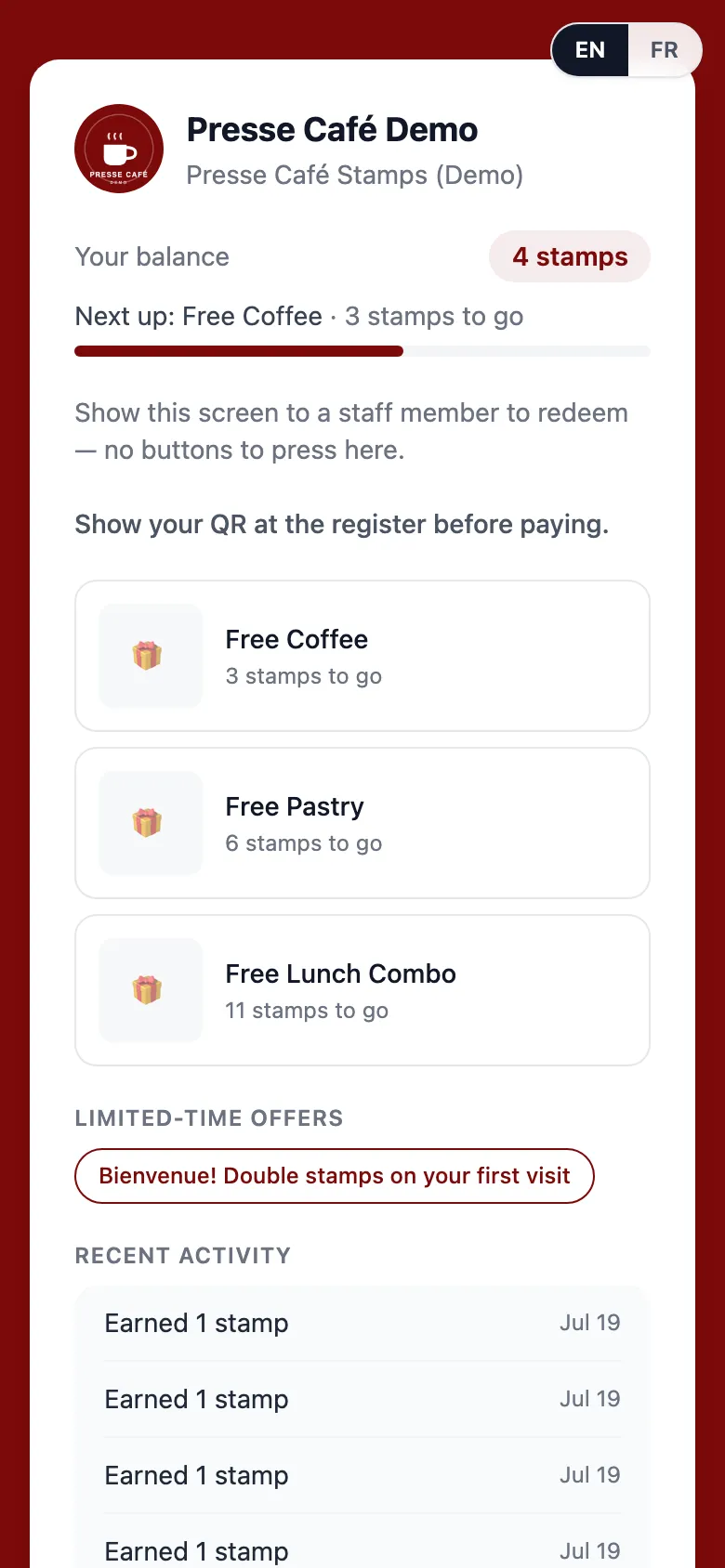 A customer’s personal rewards page on a phone